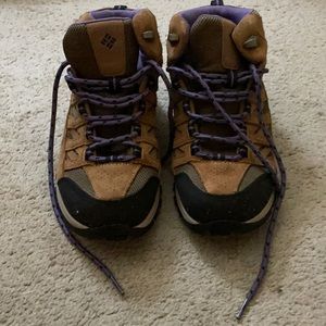 Tan Columbia hiking boots with purple laces